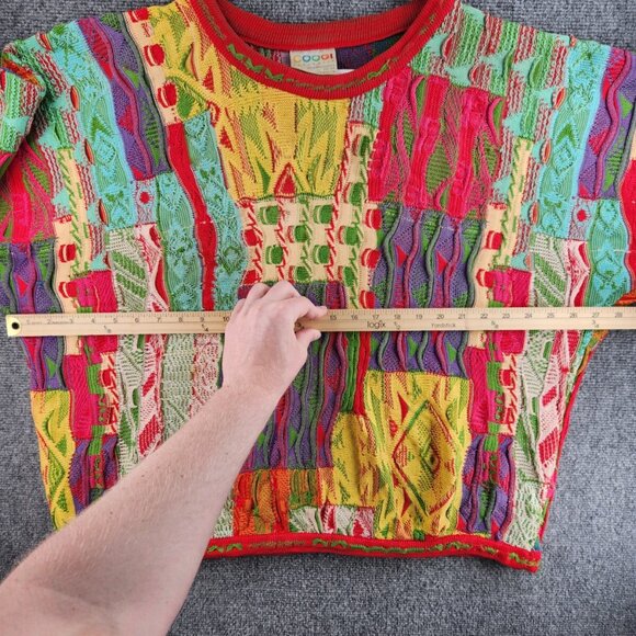 COOGI Australia Short Sleeve Sweater Knit Intricate Colorful Large Patchwork Art - Picture 14 of 16